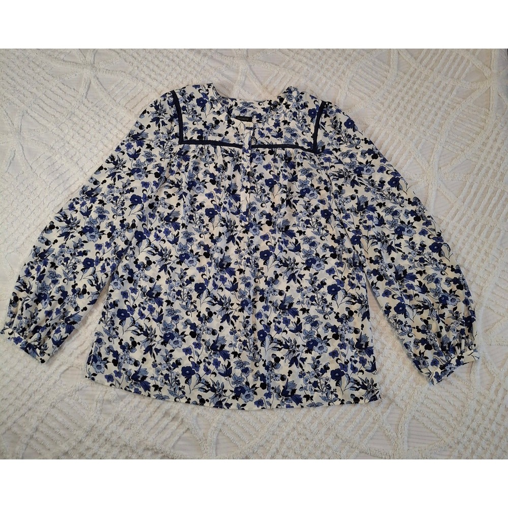 Talbots Size Large Blue Floral Chiffon Blouse Womens Long Sleeve Popover NWT